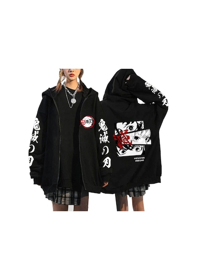 Tarzsokak Manga Baskılı Fermuarlı Sweatshirt Demon Slayer Mod.21 14548 Siyah