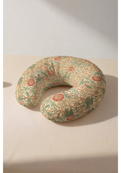 Vintage Çiçek Desenli Ergonomik Boyun Yastığı - Klasik Sanat Stili Yeşil Krem Seyahat Yastığı Soluk Yosunlu Bal