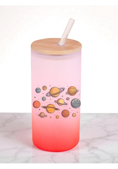 Gezegenler Teması Baskılı 600 Ml Cam Matara- Su Matarası, Suluk Matara, Cam Pipetli Matara Kırmızı