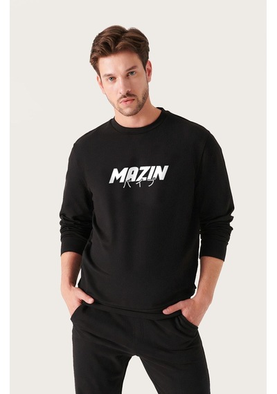 Unisex Oversize Mazın Baskılı Bisiklet Yaka Siyah Sweatshirt Siyah
