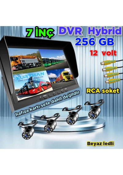 7 İnç Dvr Ekran Ve 4 Ad Beyaz Ledli Kelebek Kamera Set 12 Volt