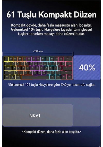 Ajazz Nk61 Red Switch Kablolu Hot-swap Klavye Rainbow Aydınlatma Taşıma Bandı Beyaz