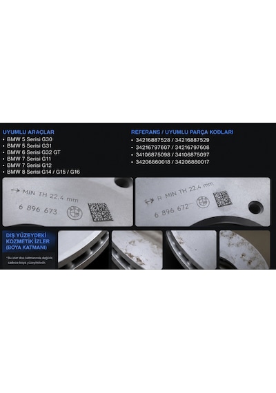 Bmw Logolu Arka Fren Diski Takımı G30 G11 G12 G15 34216896672 34216896673