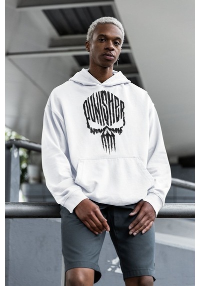 Sevbano Özel Tasarım Punisher Baskılı Unisex Oversize Marvel Hoodie Beyaz