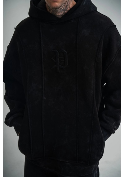 Luz&pos Erkek Uzun Kol Kapşonlu Yıkamalı Nakışlı Sweatshirt - Siyah Siyah
