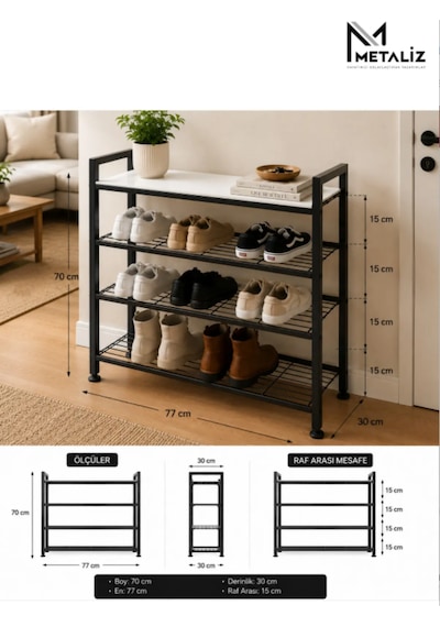 Loft 4 Katlı Siyah Metal Ayakkabılık, Ahşap Mdf Tablalı, Çok Amaçlı Ayakkabı Düzenleyici, 77x30x70 Cm Loft 4 Katlı Siyah Metal Ayakkabılık, Ahşap Mdf Tablalı, Çok Amaçlı Ayakkabı Düzenleyici, 77x30x70 Cm