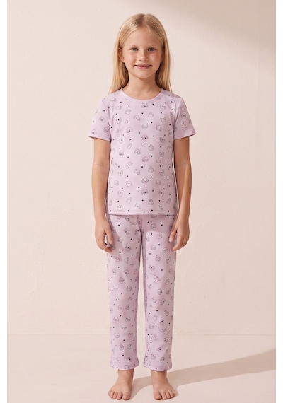 Siyah İnci Pamuklu Fitilli Kaşkorse Örme Pijama Takım 26120402 Lila Kedi