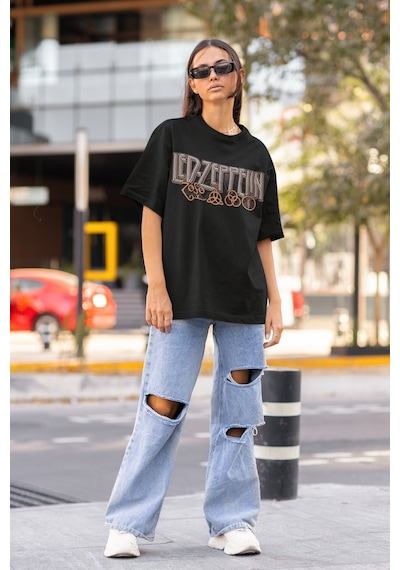 Led Zeppelin Sırt Baskılı Unisex Oversize Rock Metal Müzik Grubu Siyah