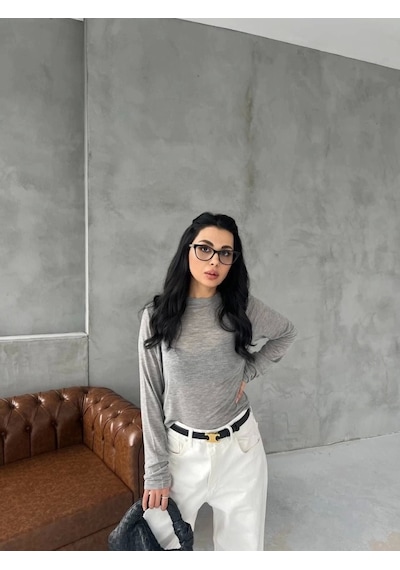 Defymoda Bisiklet Yaka Uzun Kollu Crop - Gri Gri