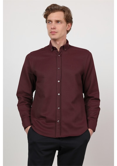 İmza Bordo Düğmeli Yaka Uzun Kol Cepsiz Slim Fit Pamuklu Gömlek 1004260203