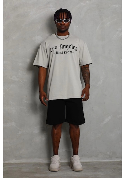 Erkek Oversize Baskılı Bisiklet Yaka T-shirt - Gri Gri