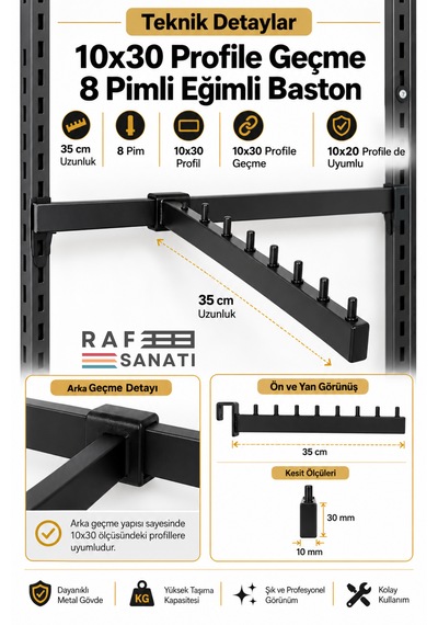 1 Adet - Eğik Baston - 10x30 Profile Geçme - Ab-1 Uyumlu Pimli Baston Askılık 35 Cm Mağaza Raf Askılık Aparatı Siyah