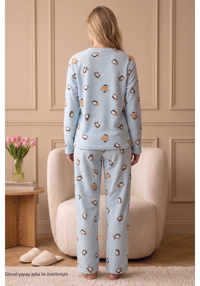 Siyah İnci Mavi Nakışlı Alt-üst Polar Kışlık Örme Pijama Takım 26222130