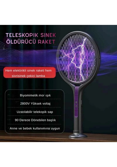 Usb Şarjlı Mor Işıklı Elektrikli Sivrisinek Öldürücü Raket Sinek Öldürücü Sineksavar