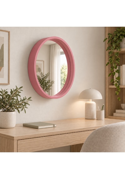 Dekoratif Duvar Aynası Yuvarlak Çerçeveli 60cm Pembe Şifonyer Ve Makyaj Masası Üstü