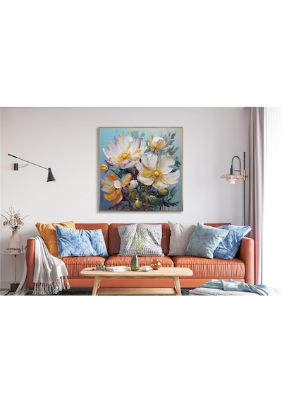Yağlı Boya Dokulu Tablo Soyut Modern Beyaz Çiçekler Altın Çerçeveli U02032-178886