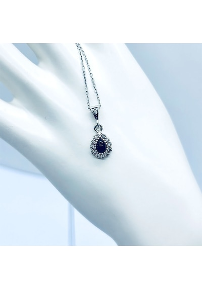 Damla Model Zirkon Ve Oltu Taşı İşçilikli 925 Ayar Gümüş Kolye Siyah