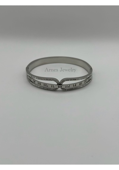 Arnes Jewelry Çelik Silver Roma Rakamlı Kelepçe Bileklik Ar10 Silver