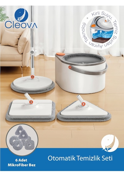 Cleova Yeni Tasarım Otomatik 360 Döner Mop Ve Temizlik Seti, 3 Başlıklı Paspas Mop