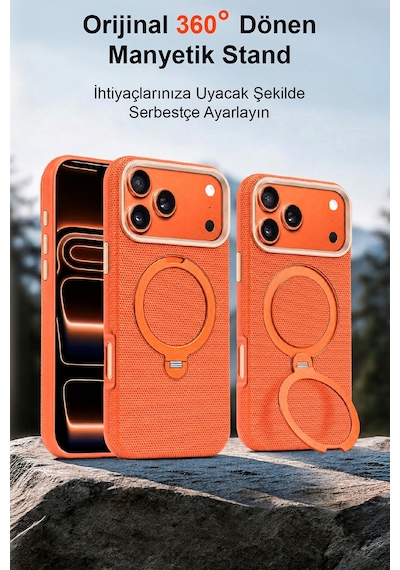 Fulltech Ftpc10 İphone 17 Pro Uyumlu Turuncu Magsafe Kılıf 360 Döner Metal Halkalı Standlı Manyetik