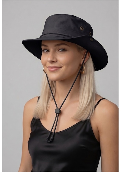Mollycrush Premium Yazlık Outdoor Balıkçı Şapkası Siyah Unisex İpli Safari Modeli Siyah
