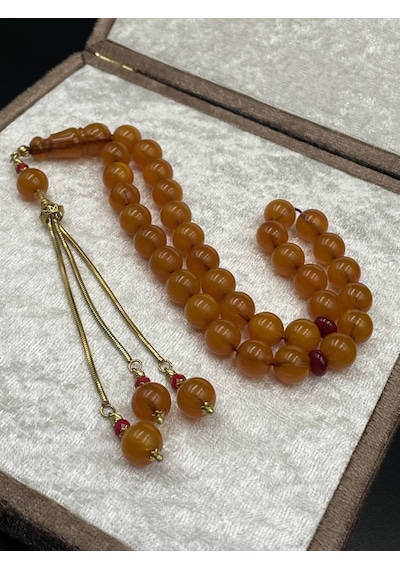 Rodajlı Gold Gümüş Aksamlı Sıkma Kehribar Tespih 10x10 Mm 32 Gr Altın - Gümüş