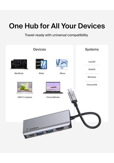 Belkin Usb C 4'ü 1 Arada Çok Bağlantı Noktalı Adaptör 4k Hdmi, U