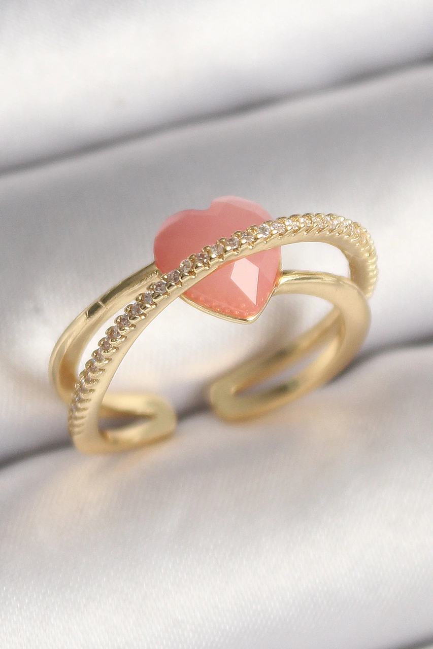 Pirinç Gold Renk Pembe Kristal Kalp Model Zirkon Taş Detaylı Kadın Yüzük Diğer