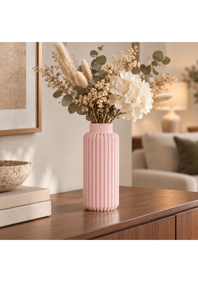 Dikey Çizgili Dekoratif Vazo 20 Cm Modern Silindir Tasarım Pembe