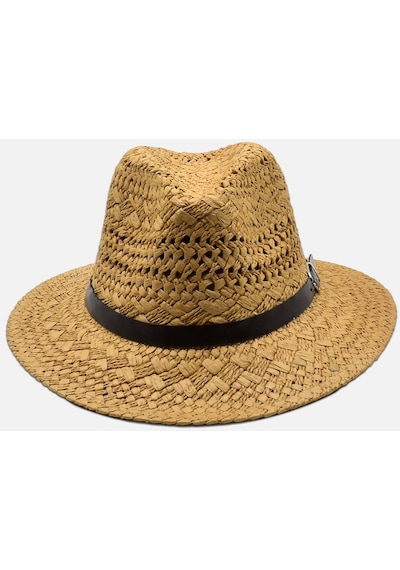 Külah Örgü Dokulu Deri Şeritli Camel Hasır Şapka - Standart Camel