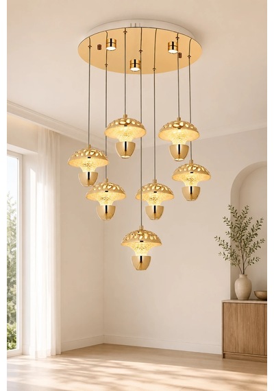 7'li Modern Premium Gold 3 Renkli Ledli Sarkıt Avizesi Salon Mutfak Oturma Odası Şık Modelleri 79w Beyaz
