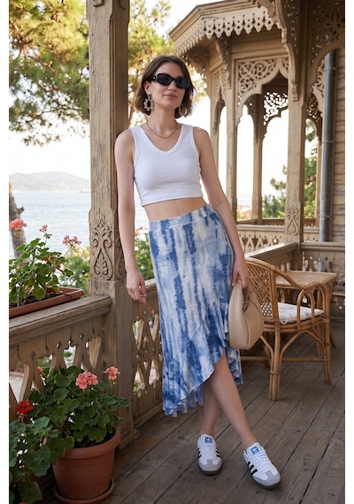 Lela Regular Fit Desenli Yüksek Bel Volanlı Midi Boy Yırtmaçlı Bayan Etek 5869013 Indigo