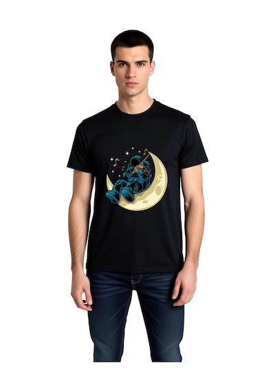 Paybuy Erkek Ay Temalı Keman Çalan Astronot Baskılı Rahat Kesim Kısa Kol Siyah