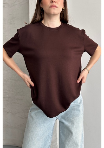 Balenbi Kadın Modal Bisiklet Yaka Basic Yarım Kollu T-shirt 1211 Kahverengi