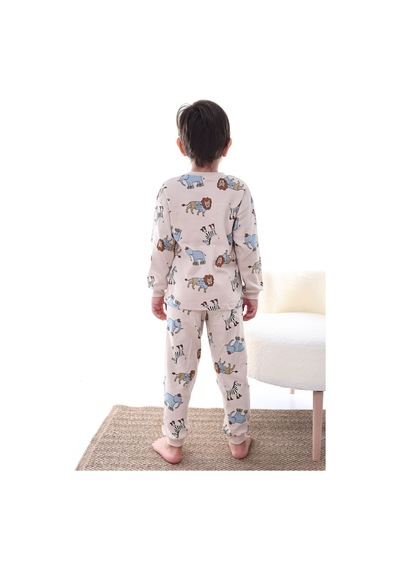 Zuzunga Animal Desenli İnterlok %100 Pamuk Çocuk Pijama Takımı 4'lü Oyun Hamuru Hediye Bej