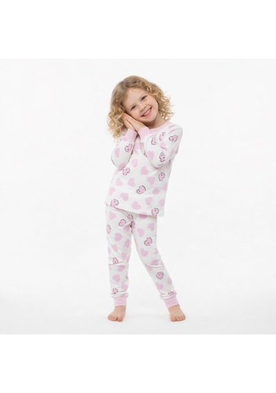 Kalp Desenli Kız Çocuk Pijama Takımı KREM