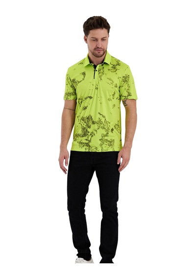 Gölge Desenli Spor Polo Yaka Erkek Kısa Kol Tişört Neon Yeşil
