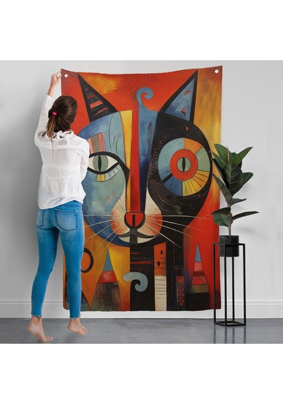 Pablo Picasso Tarzı - Soyut Renkli Kedi Duvar Örtüsü-7371