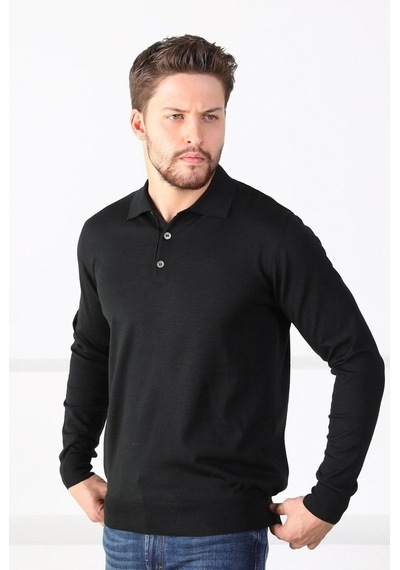 Ferraro Siyah Polo Yaka Superfine Erkek Triko Kazak Siyah