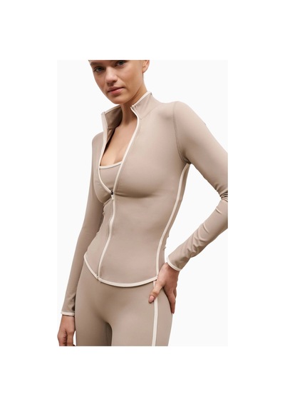 Because Of Alice Base Contrast Trim Zip Up Jacket Şekillendirici Kontrast Detaylı Kadın Ceket Bej