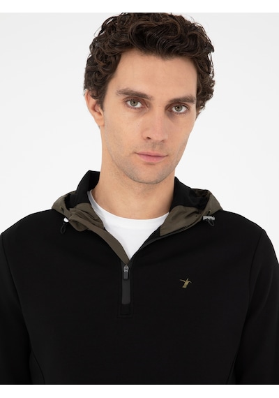 Siyah Regular Fit Pamuk Karışımlı Yarım Fermuarlı Kapüşonlu Sweatshirt