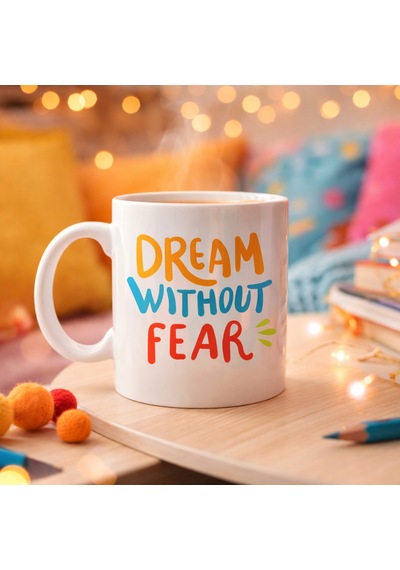 Dream Without Fear Yazılı Porselen Kupa Model 139 Motivasyon Temalı, Renkli Tasarım, Kahve & Çay Kupası He Düz Renkli