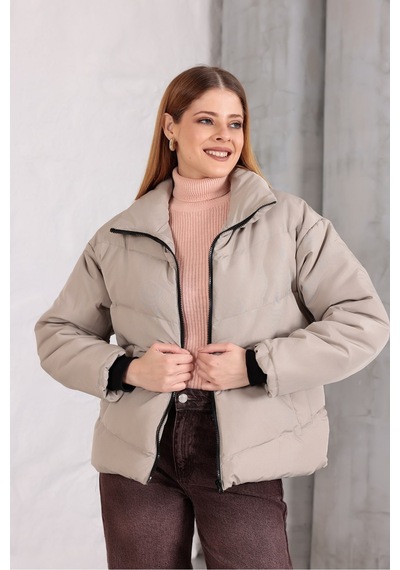 Blayn Jeans Kadın Kapüşonsuz Şişme Mont Bej