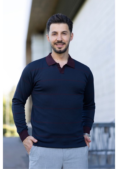 Hk Premium Çizgili Polo Yaka Slim Fit Triko Kazak Lacivert