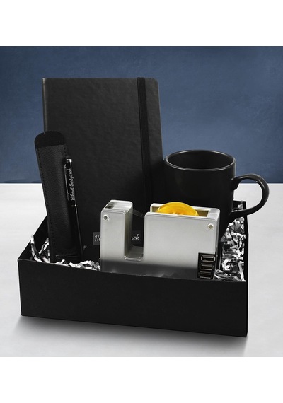 Kişiye Özel Defter & Kişiye Özel Deri Kılıflı Touch Pen Kalem & Siyah Kupa & Usb Çoğaltıcılı Bant Makinesi