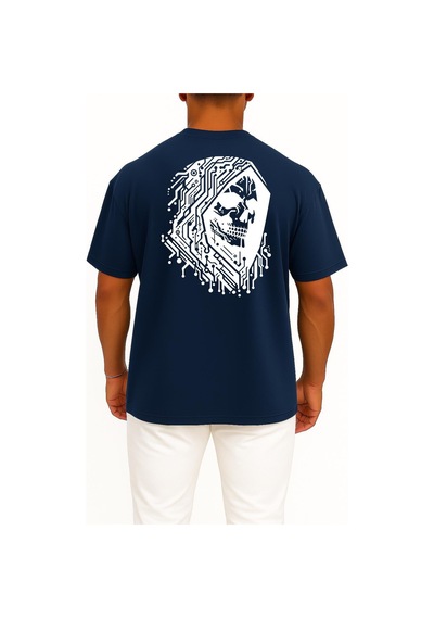 Bahriyeli Collection Oversize Hacker Skull Göğüs Ve Sırt Tasarımlı Unisex T-shirt Lacivert