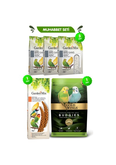 Beşli Set: Muhabbet Yemi 1 Kg + Gardenmix Kızıl Dal Darı + 3 Adet Kuş Kumu 200 Gr