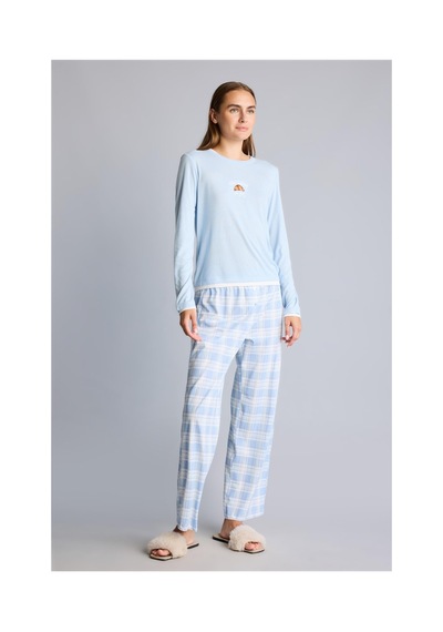 Defacto Slım Fıt Uzun Kollu Baskılı Üst Kareli Alt Ribana Pijama Takımı H8812ax26aube343 Mavi-be343