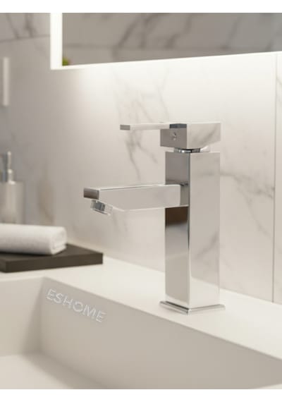 Elite Edition Lüx Kare Krom Sabit Banyo Lavabo Bataryası Pirinç Ağır Malzeme Krom