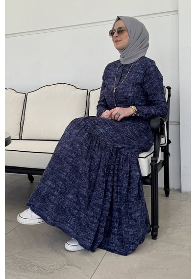 Rabia Şamlı Süreyya Kot Efektli Gömlek Elbise Lacivert Normal